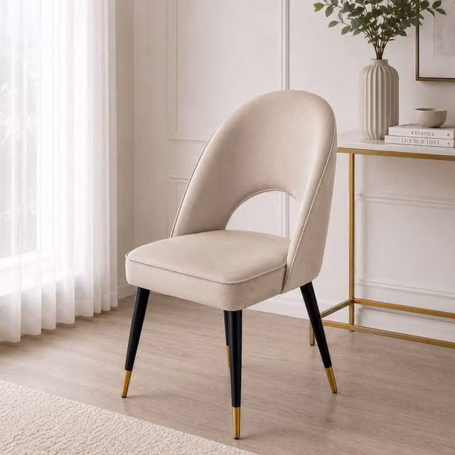 Stratus Interiors Astra Dining Chair in Beige Fabric and Synthetic Leather with Gold-Tipped Wooden Legs