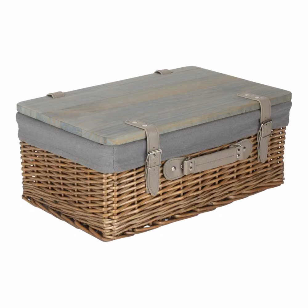 Red Hamper Antique Wash Willow Empty Picnic Basket with Pinewood Lid and Grey Lining, Large – 2