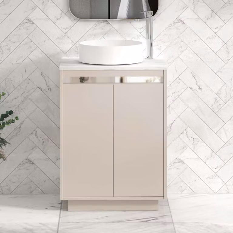 Royal Bathrooms Orion 800mm Warm Taupe Floor Standing 2 Door Vanity Unit with Carrara White Undrilled Worktop and Chrome Accent Trim