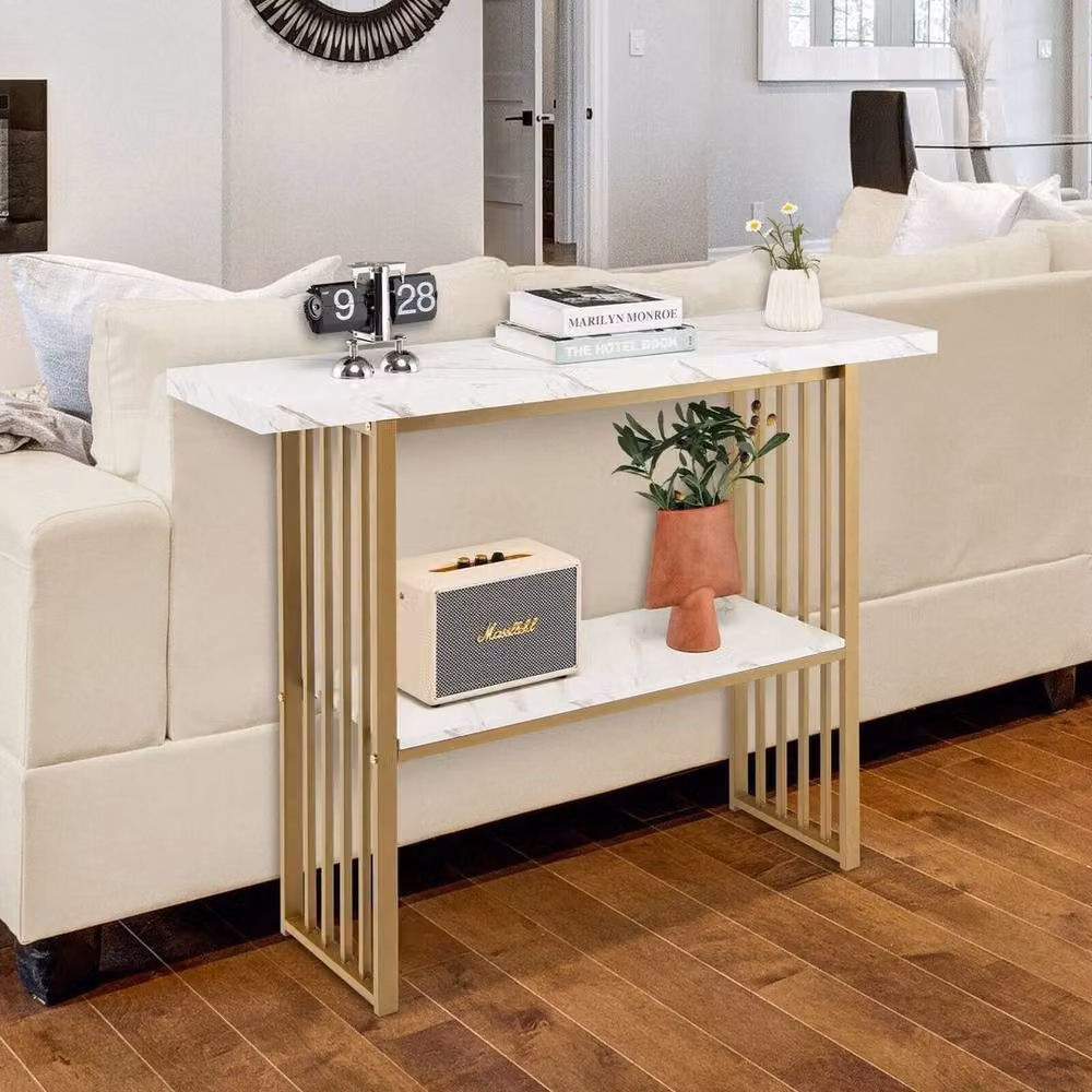 Kelvenix 2-tier Modern White Faux Marble Console Table – 2