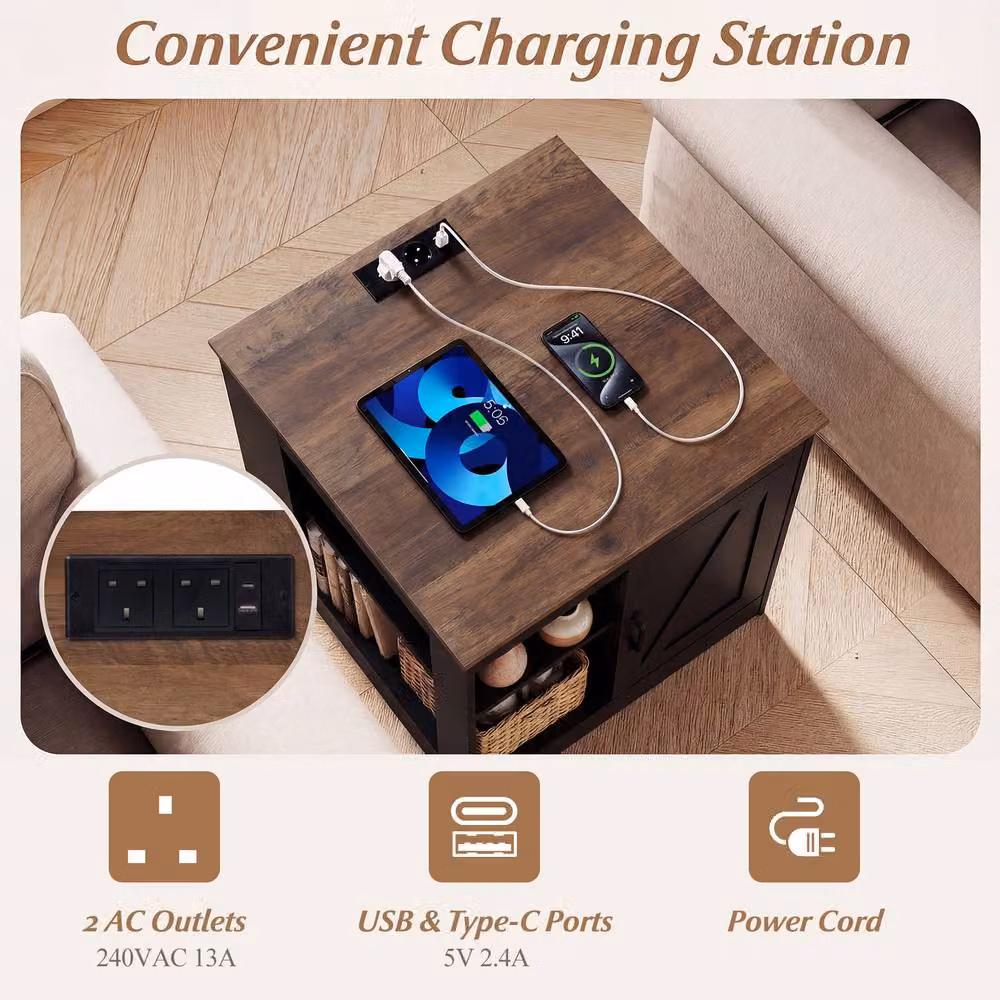 Costway Farmhouse Wooden Nightstand with Charging Station and Media Compartments in Black – 4