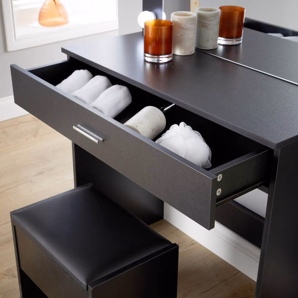 Home Source Black Modern Dressing Table and Stool Set with Hollywood LED Mirror, W/D/H: 140 x 40 x 80 cm – 4