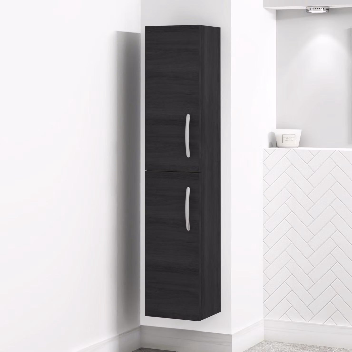 Royal Bathrooms Modern Turin Matt Black 2-Door Wall Hung Tall Boy Bathroom Cabinet Unit