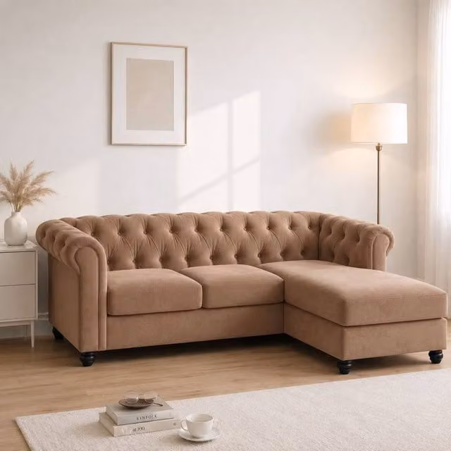 Sofaya Hampton 3 Seater L Shape Chesterfield Sofa in Tan Velvet with Right Hand Chaise – 1