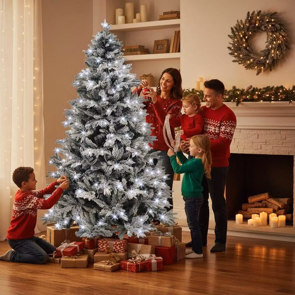 Shatchi Pre-Lit Snow Flocked Christmas Tree with Cool White Lights in Green, Height: 183 cm – 3