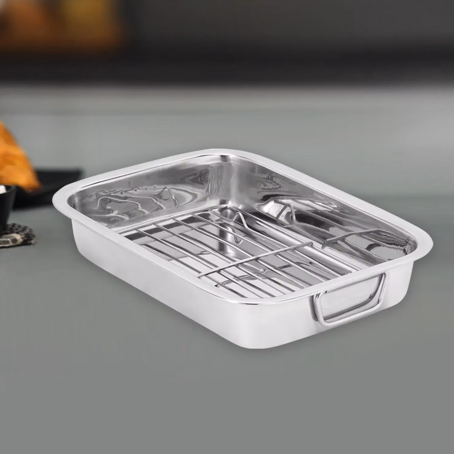 Royalford Stainless Steel Rectangular Roasting Tray with Grill Rack in Silver – 3