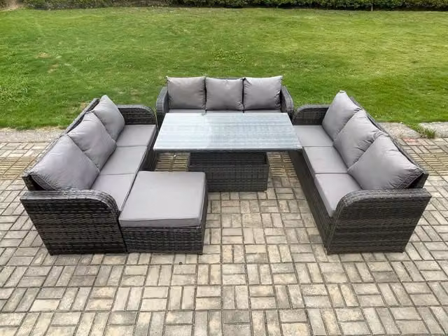 Fimous Dark Grey Rattan Patio Garden Dining Set with Height Adjustable Table and Large Footstool