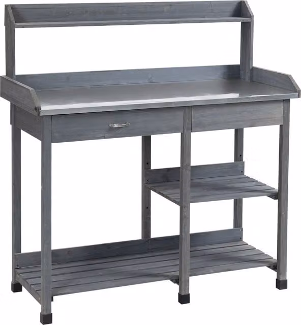 Outsunny Wooden Garden Potting Table with Galvanised Steel Top, Drawer, Storage Shelves and Hooks in Grey – 1