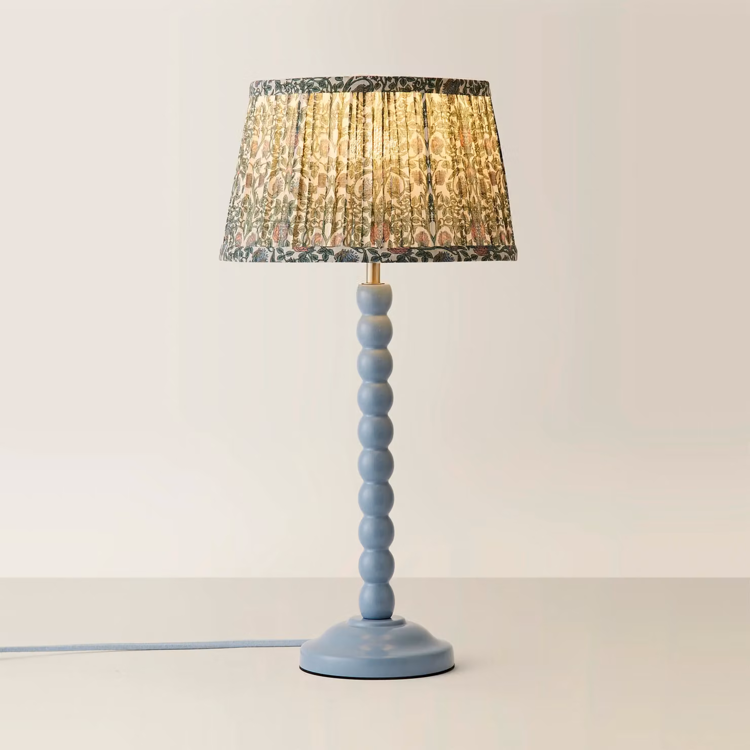 ValueLights Bobbin Bobble Table Lamp with Floral Pleated Taper Shade and Bulb in Pale Blue – 2