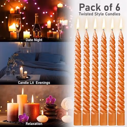 Deco Express Non-Drip Twisted Unscented Dinner Candles, Metallic Orange, Pack of 6 – 6