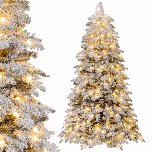Gymax 6 FT Pre-Lit Artificial Snow Flocked Christmas Tree in White