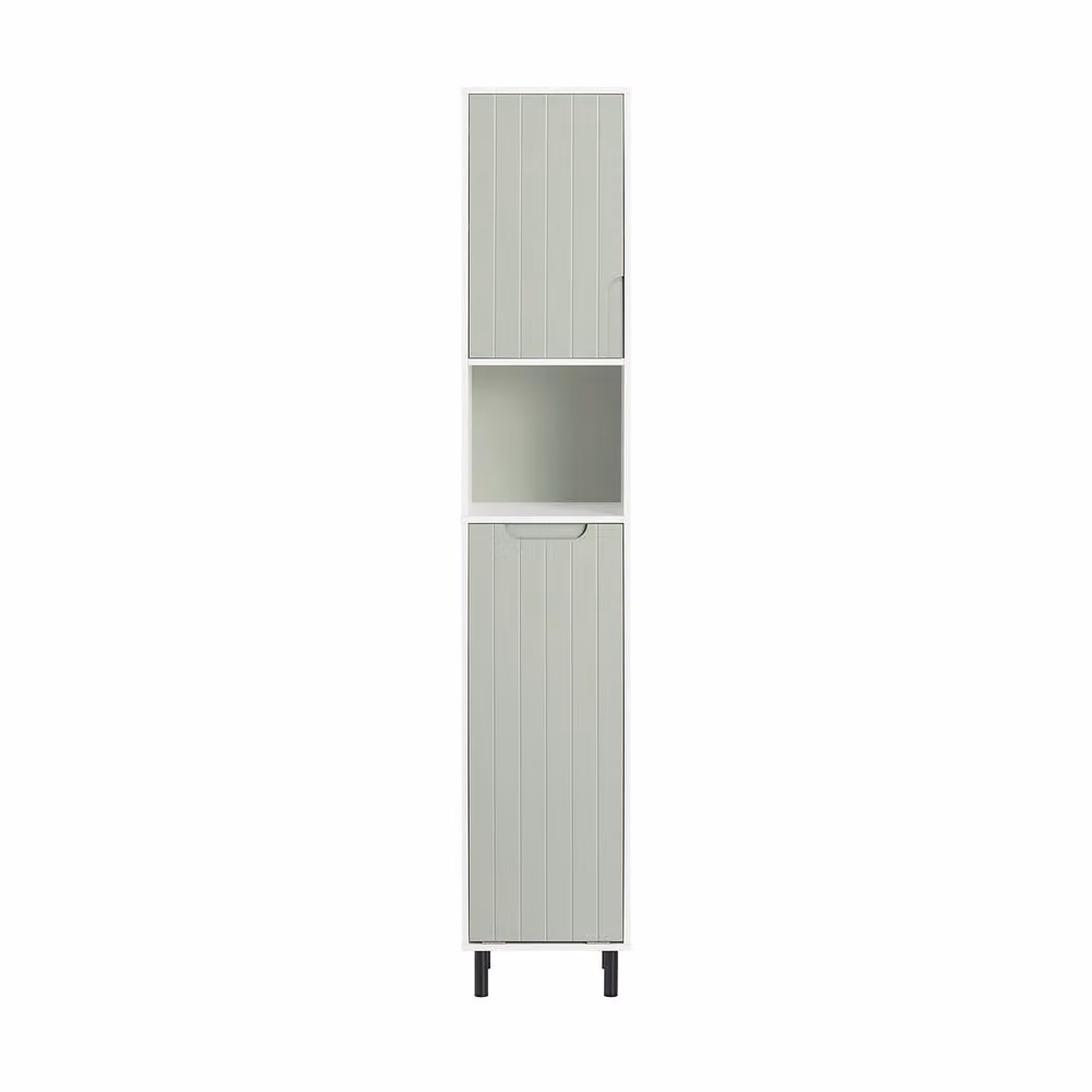 SoBuy Slim Bathroom Tall Cabinet with Integrated Laundry Hamper and Open Shelf, Green and White, H 167 x W 30 x D 30 cm – 2
