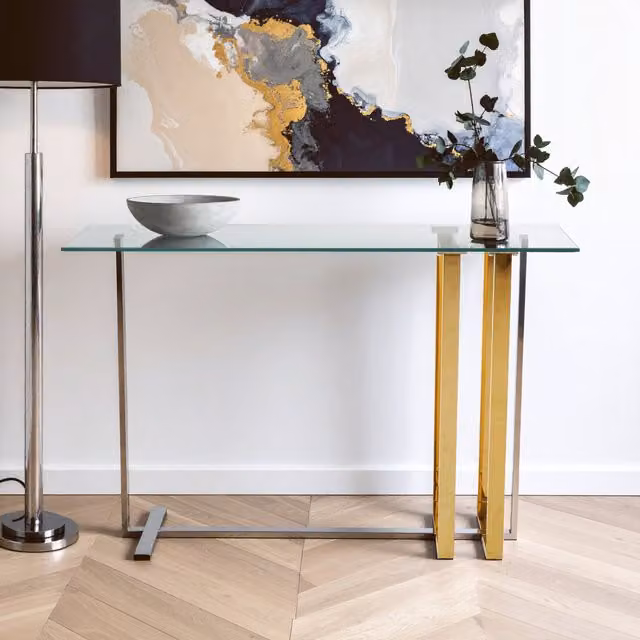 Orsina Modern Gold Geometric Console Table with Glass Top, W/D/H: 120 x 40 x 78 cm