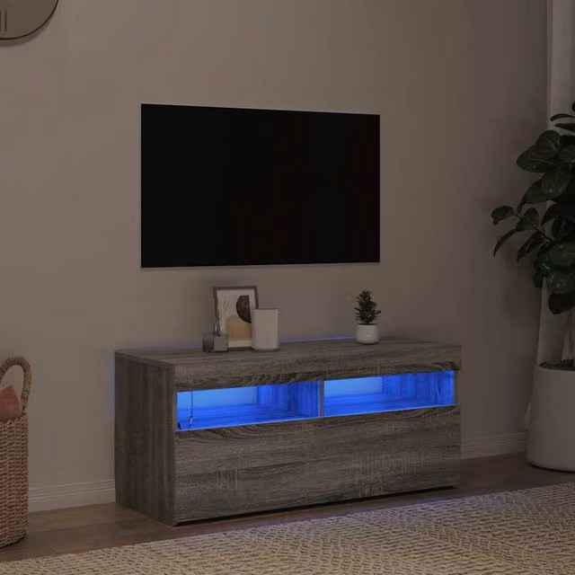 Berkfield Home Modern TV Cabinet with LED Lights in Grey Sonoma, W/D/H: 90 x 35 x 40 cm