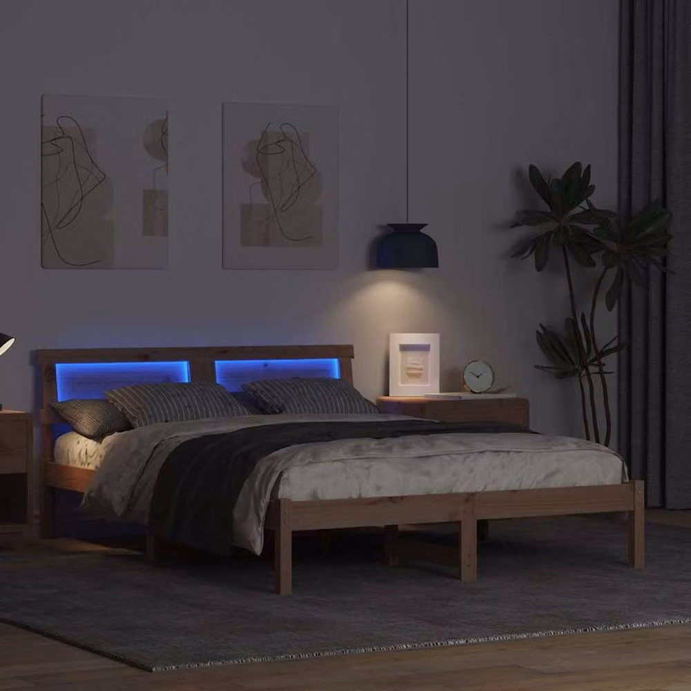 Berkfield Home Modern Pine Bed with LED Strip Lights and Headboard in Light Brown, W: 135 cm, L: 190 cm – 2