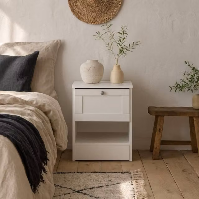 Wyld Haus Cherryfern White Wood Bedside Table with 1 Drawer and 1 Open Shelf