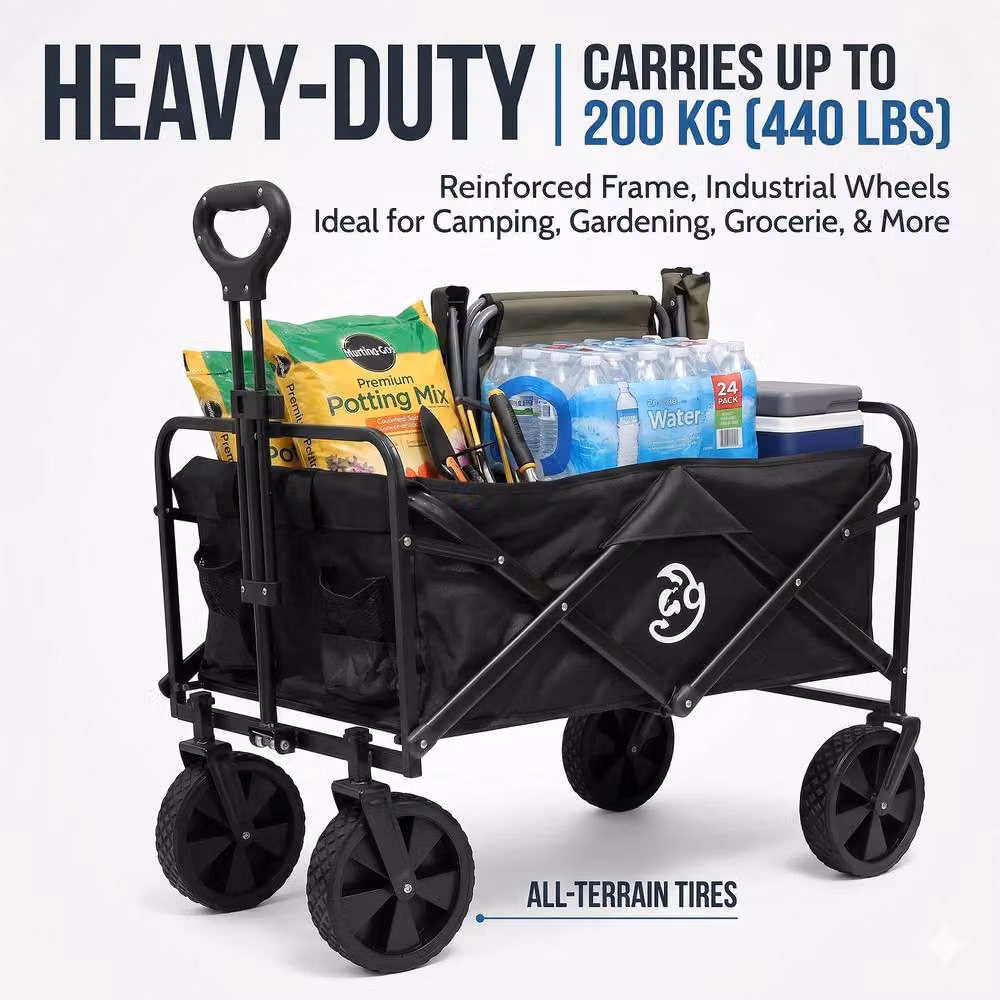 Dragodirect All Terrain Heavy Duty Collapsible Wagon Cart with Adjustable Handle, Black – 2