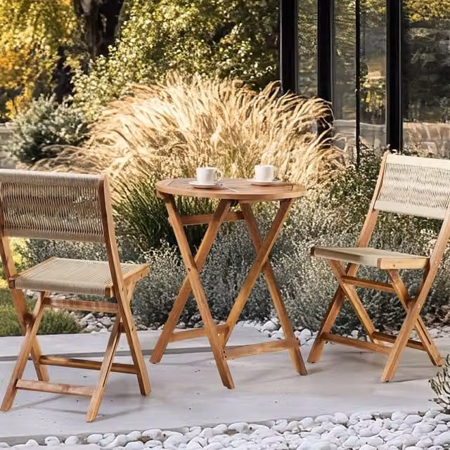 Wyld and Coco 3 Piece Beige Acacia Wood Bistro Set with Folding Slatted Design