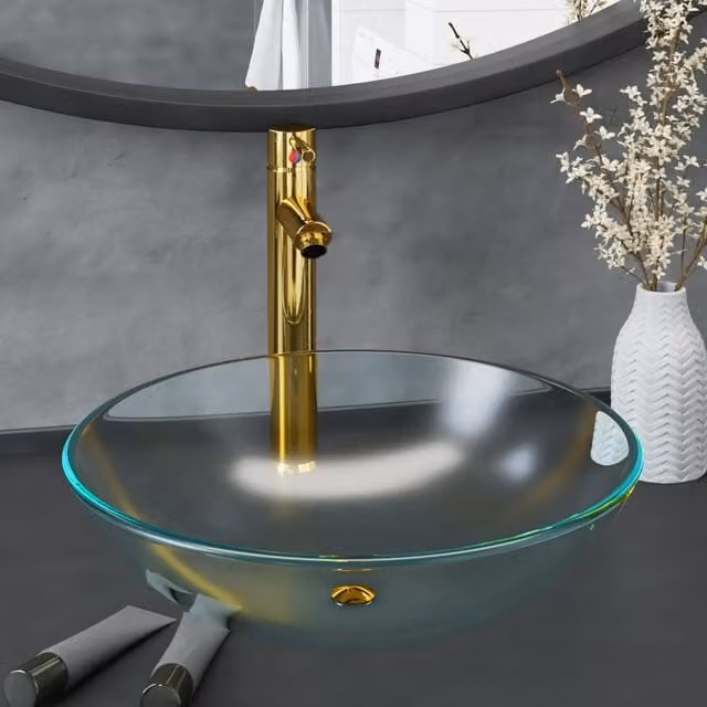 Berkfield Home Round Frosted Tempered Glass Countertop Bathroom Sink with Tap and Push Drain in Gold – 1