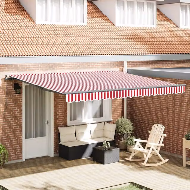 Berkfield Home Manual Retractable Wall-Mounted Folding Arm Awning in Red and White Stripe, W: 400 cm, D: 350 cm – 1