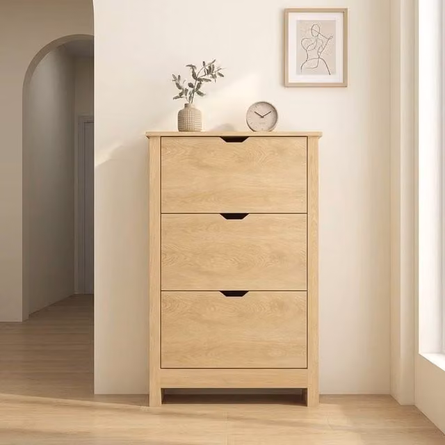 STILVORA Scandinavian Style Shoe Cabinet with Tilting Compartments and Drawers in Natural Wood, W/D/H: 112.0 x 72.0 x 30.0 cm – 1