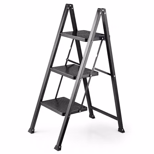 VonHaus Slim 3 Step Steel Ladder in Black with Anti-Slip Rubber Feet and 150kg Capacity