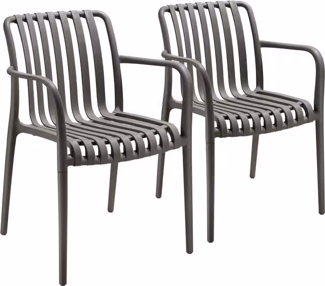 tectake Set of 2 Anthracite Garden Chairs with Armrests in Weather-Resistant Plastic