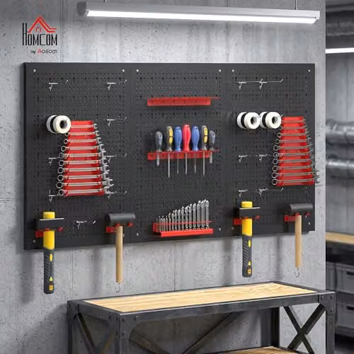 HOMCOM 38 Piece Wall-Mounted Galvanised Steel Pegboard with Hooks, 4 Panels, Black and Red – 2
