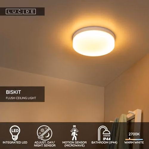 Lucide Biskit Modern LED Ceiling Light for Bathrooms, White, Diameter: 28 cm, with Motion Sensor and Warm White Light – 2