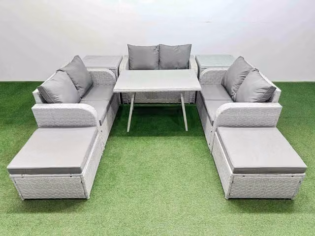 Fimous 8-Seater Patio Set with Rectangular Table, Love Sofa and 2 Side Tables in Light Grey
