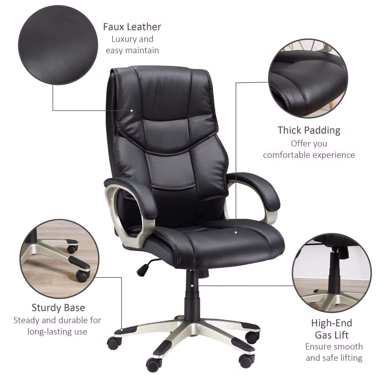 HOMCOM Black Synthetic Leather Task Chair with Adjustable Height, Armrests and Castors – 5