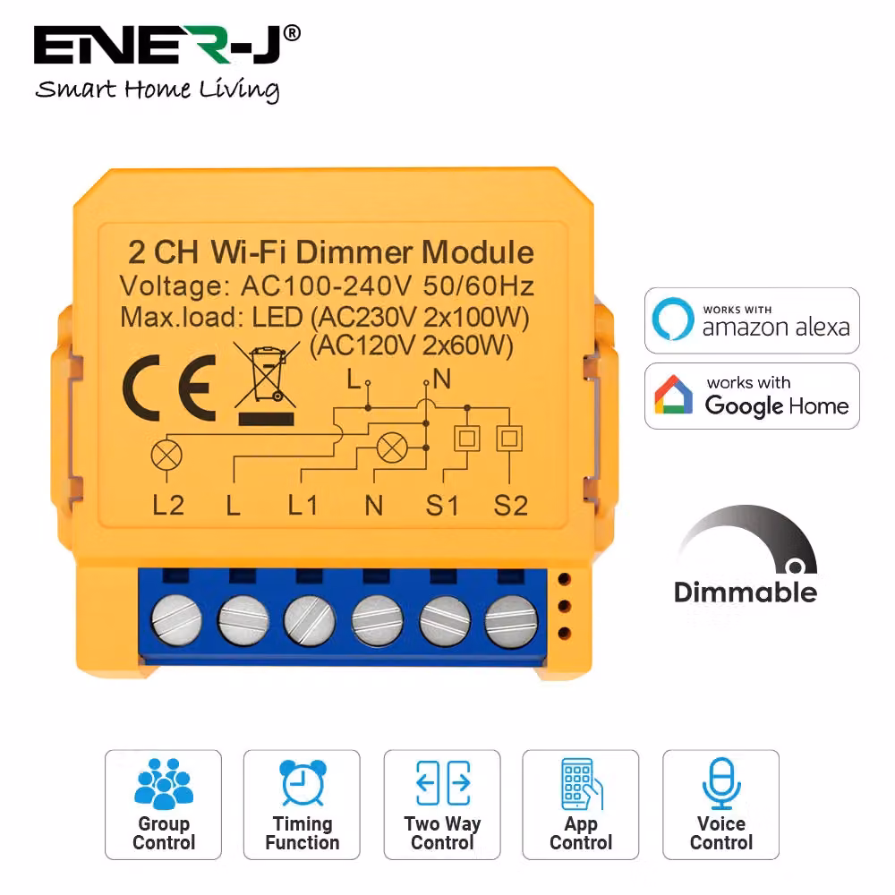 ENER-J Smart WiFi BLE 2 Gang Dimmable LED Light Switch Module, White, 300W – 2