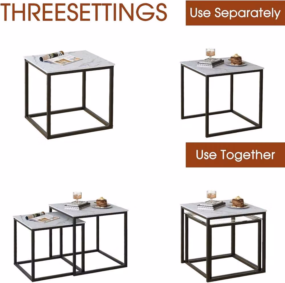 Huhote Set of 2 Modern Nesting Side Tables with Black Metal Frame and Marble Finish Top – 7