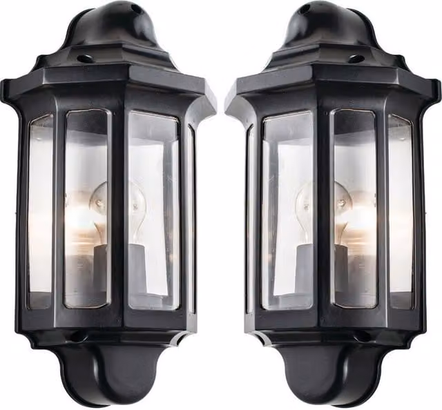 Loops 2 Pack IP44 Black Outdoor Wall Lantern with Transparent Shade, Dimmable E27 Post Lamp