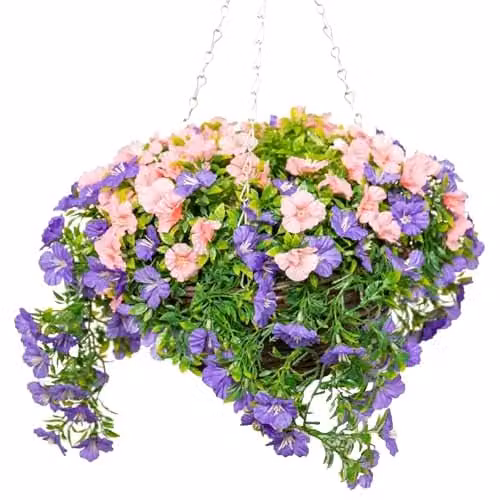 Primrose Large Artificial Petunia Flowers in a Green Rattan Hanging Basket, Pink and Purple – 1