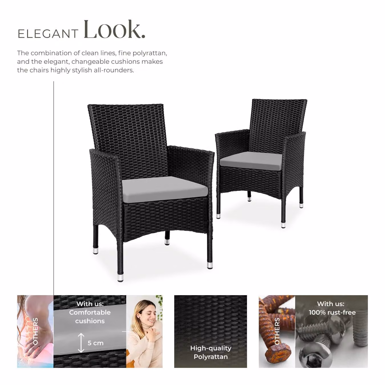tectake Nantes Set of 2 Modern Rattan Garden Chairs in Black and Beige – 4