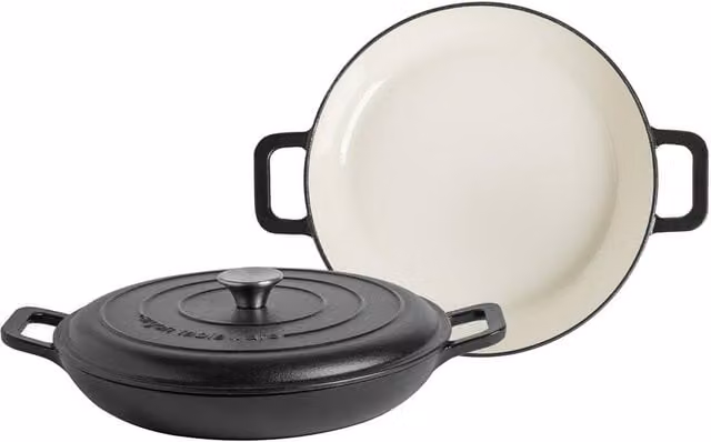 Argon Tableware 2x Shallow Cast Iron Casserole Dishes with Self-Basting Lid, 2.3L, Black – 1