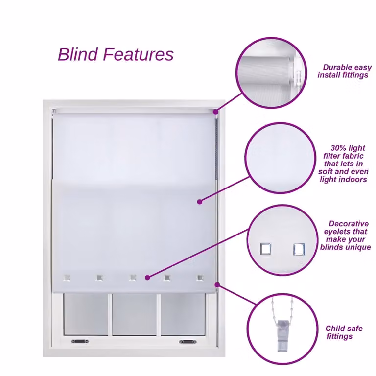 Furnished Daylight Roller Blind in Dark Grey with Chrome Square Eyelets, W: 85 cm, H: 165 cm
