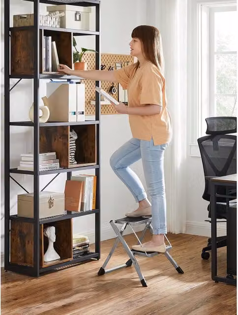 SONGMICS 2-Step Foldable Steel Step Ladder with Handle and Rubber Feet, Grey