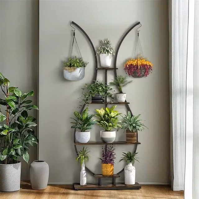 Havendro 5 Tier Industrial Metal and MDF Corner Plant Stand in Black