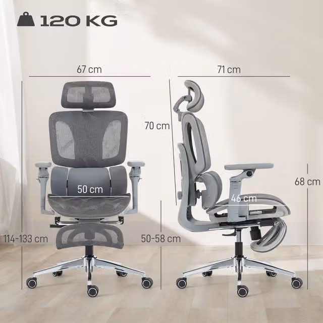 HOMCOM Ergonomic Grey Fabric Office Chair with Lumbar Support, Headrest and Armrests