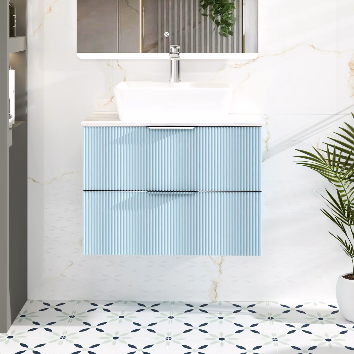 Royal Bathrooms Evora 700mm Powder Blue Fluted Wall Hung Vanity Unit with 2 Drawers and Countertop Basin