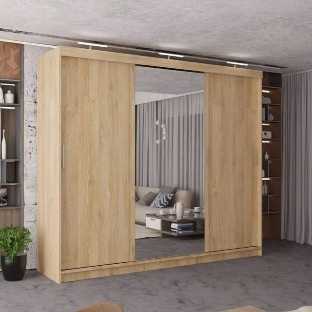 MN Furniture Modern 3 Door Sliding Wardrobe with LED Lighting, Mirror and Internal Drawers, Brown, Width: 250 cm