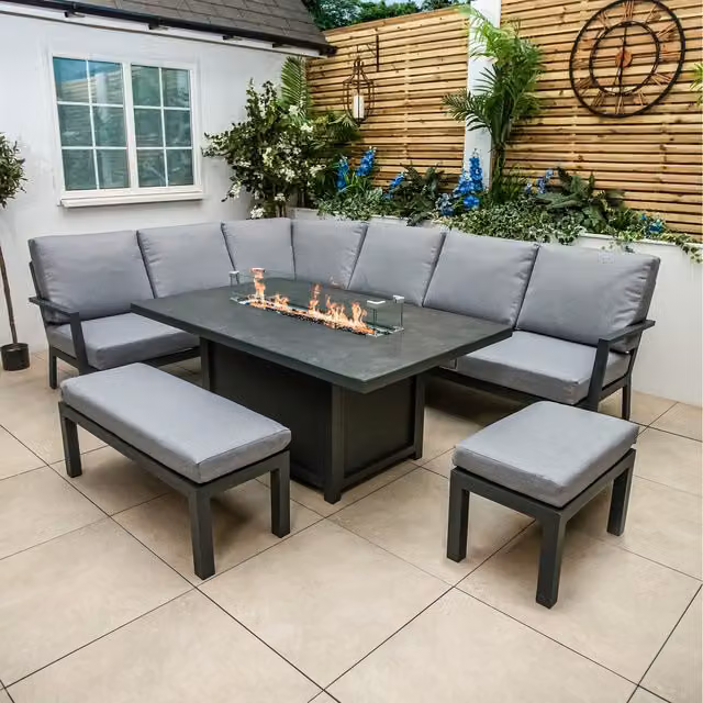 Bracken Outdoors Miami Deluxe Aluminium Corner Set with Firepit Table and Large and Small Benches in Anthracite Grey