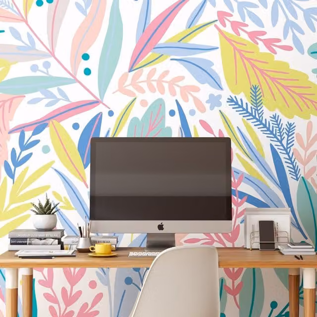 Origin Murals Patterned Leaves Floral Wall Mural in Pink, Yellow and Multicolour