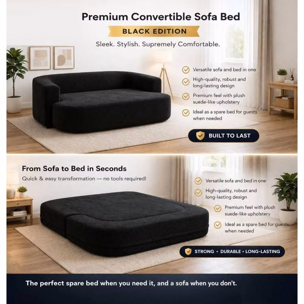 KDMD Emma Black 2 Seater Modern Upholstered Sofa Bed with Pull Out Drawer – 5