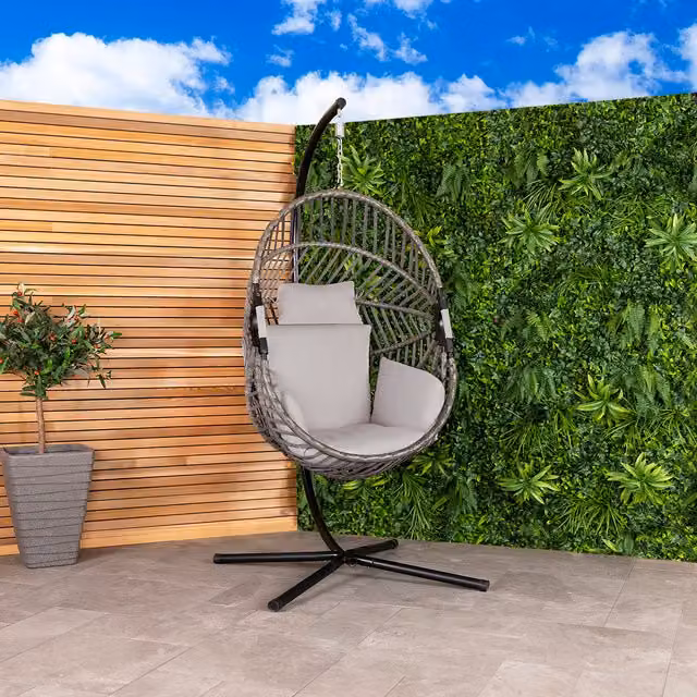 Charles Bentley Egg Shaped Hanging Swing Chair in Grey Rattan and Fabric, H 203 x W 126 x D 126 cm