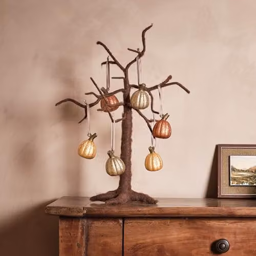 Lights4fun Set of 6 Mottled Mercury Glass Mini Pumpkin Hanging Tree Decorations in Orange, Yellow, White and Gold – 3