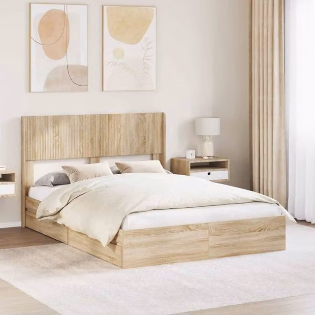 Berkfield Home Modern Bed Frame with Headboard and Side Compartment Storage in Sonoma Oak Brown, W/D/H: 140 x 200 cm