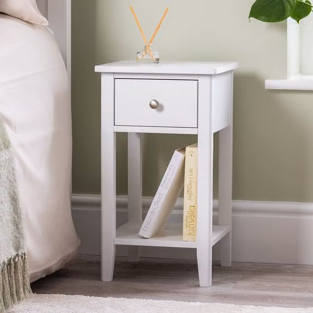 Christow Modern Slim Bedside Table with Drawer in White